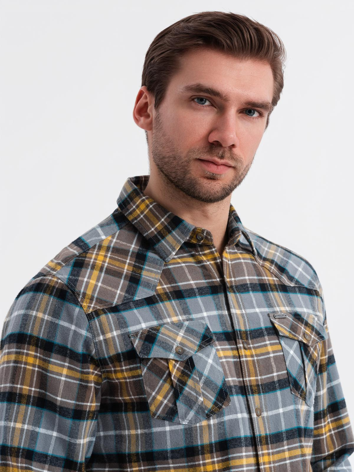 Ombre Men's checkered flannel shirt with pockets - gray-yellow