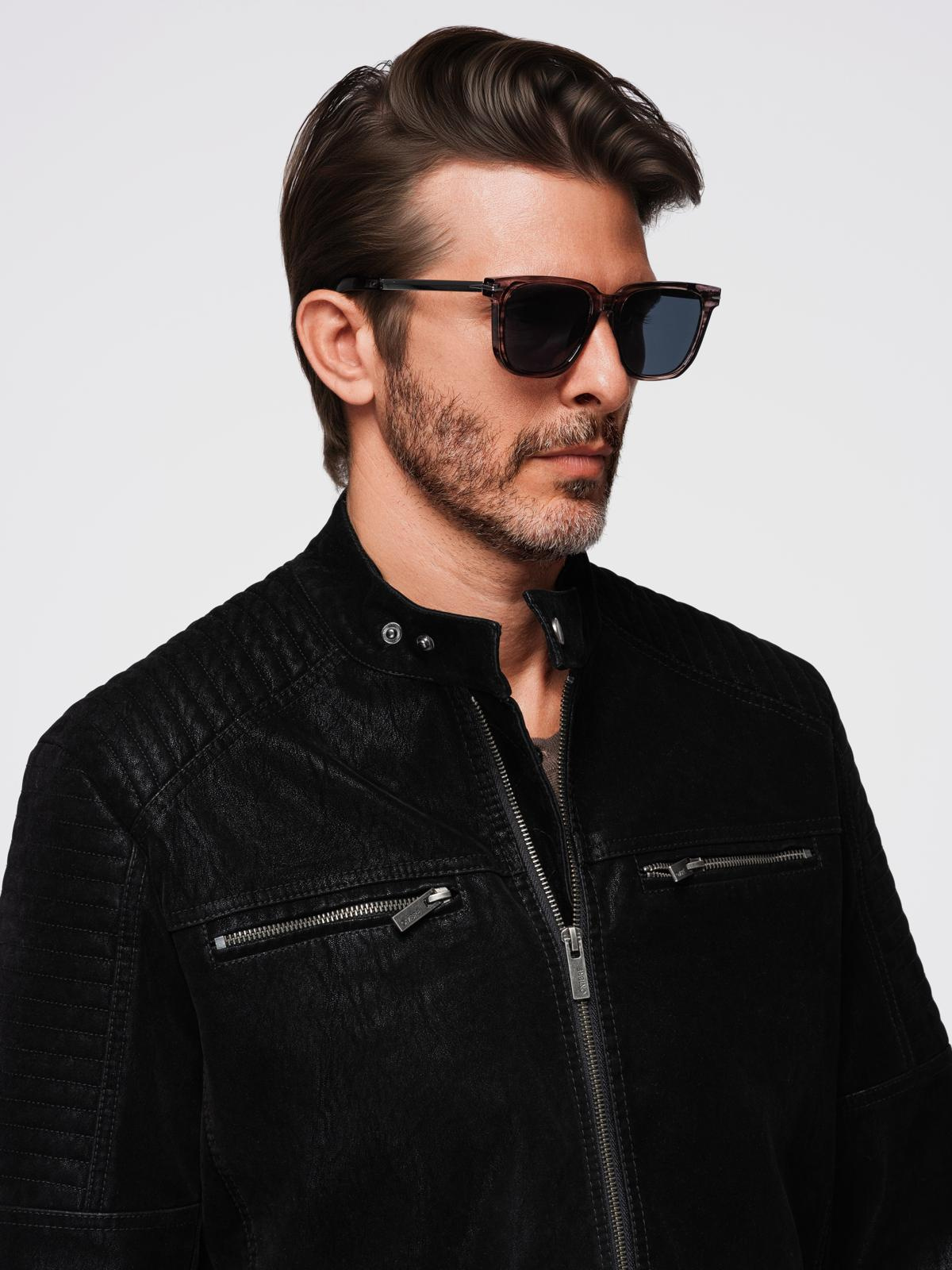 Ombre Men&#039;s retro-style biker jacket with stand-up collar - black