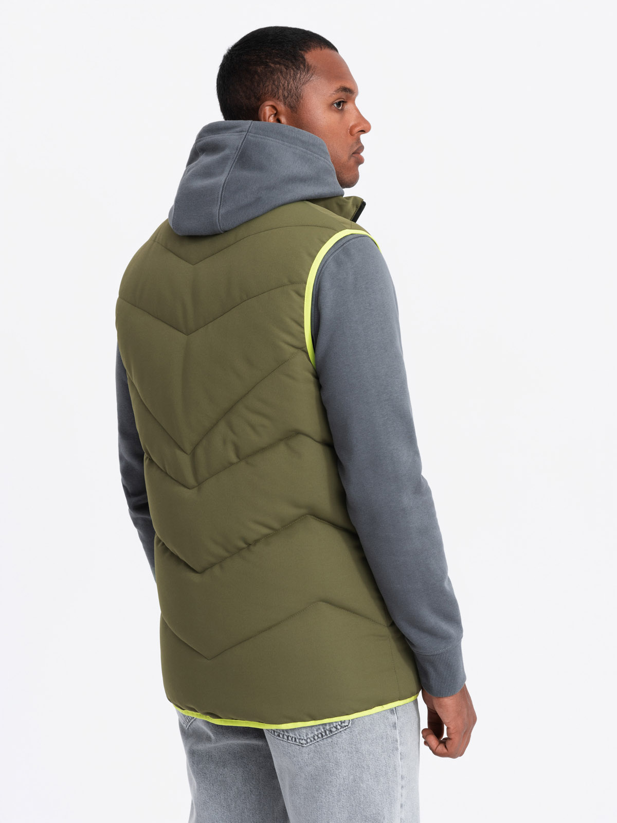 Ombre Men's quilted sleeveless jacket with neon accents - olive