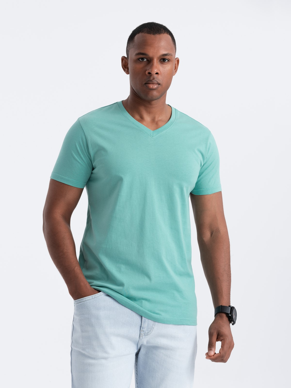 Ombre Men's BASIC classic cotton T-shirt with a v-neck - turquoise