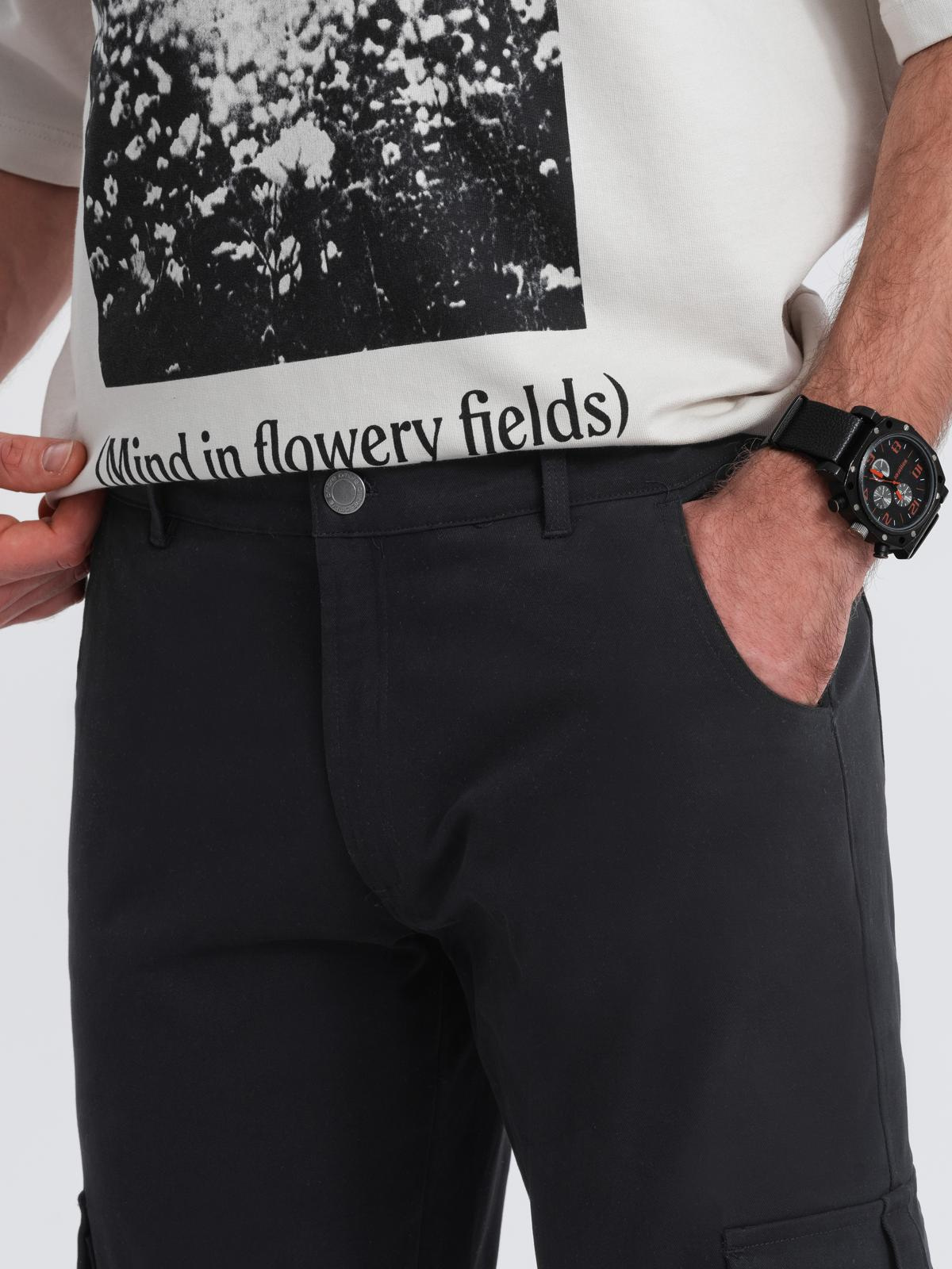 Ombre Men&#039;s cargo pants STRAIGHT LEG with stripes on pockets - black