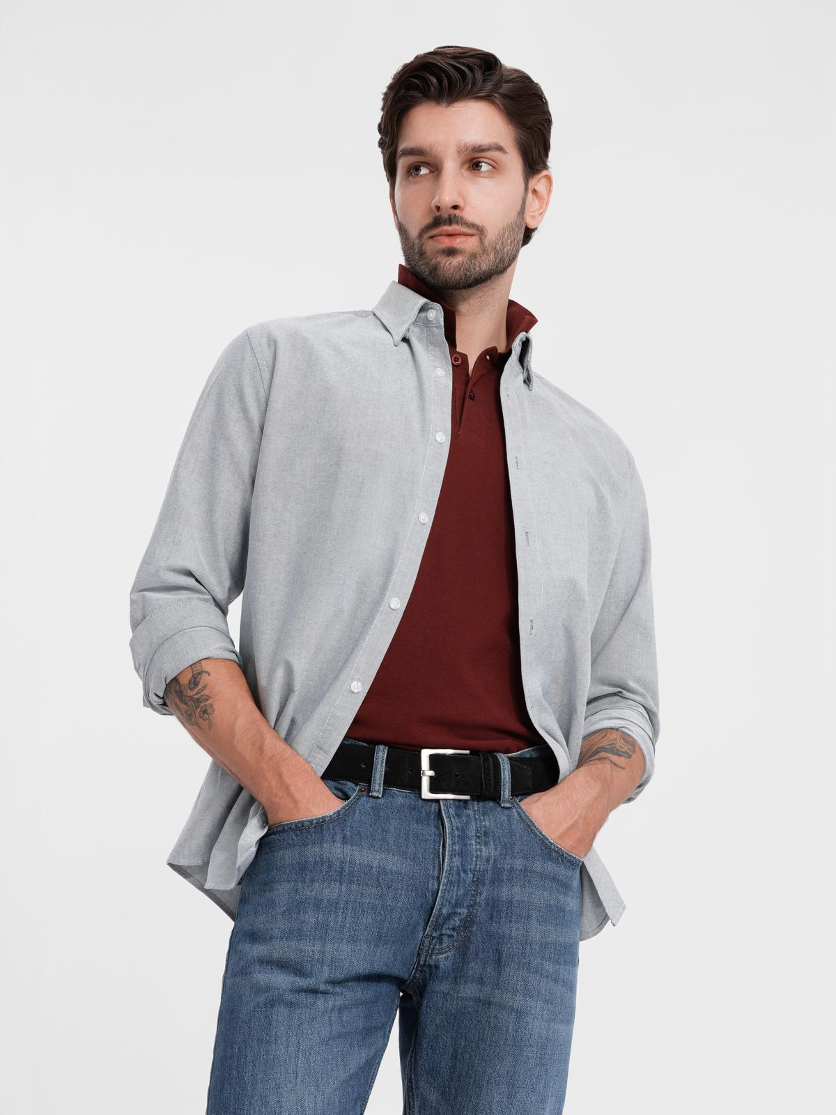 Ombre Elegant men&#039;s oxford shirt with embroidery - light grey
