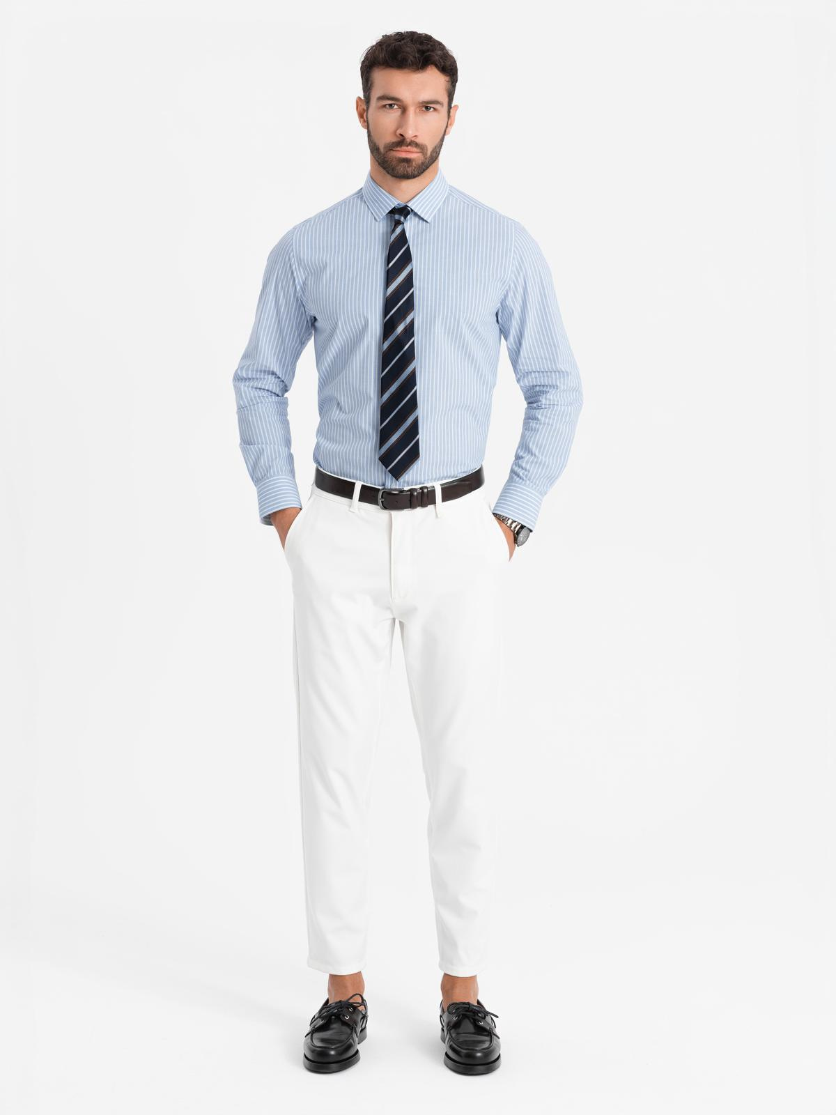 Ombre Men's REGULAR FIT cotton shirt with vertical stripes - blue and white OM-SHOS