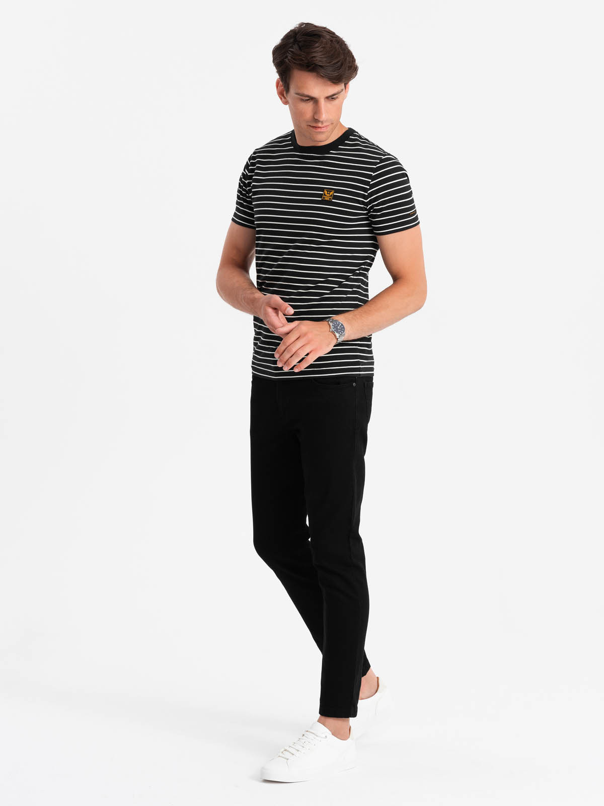 Men's striped t-shirt with patch by Ombre Design - black and white