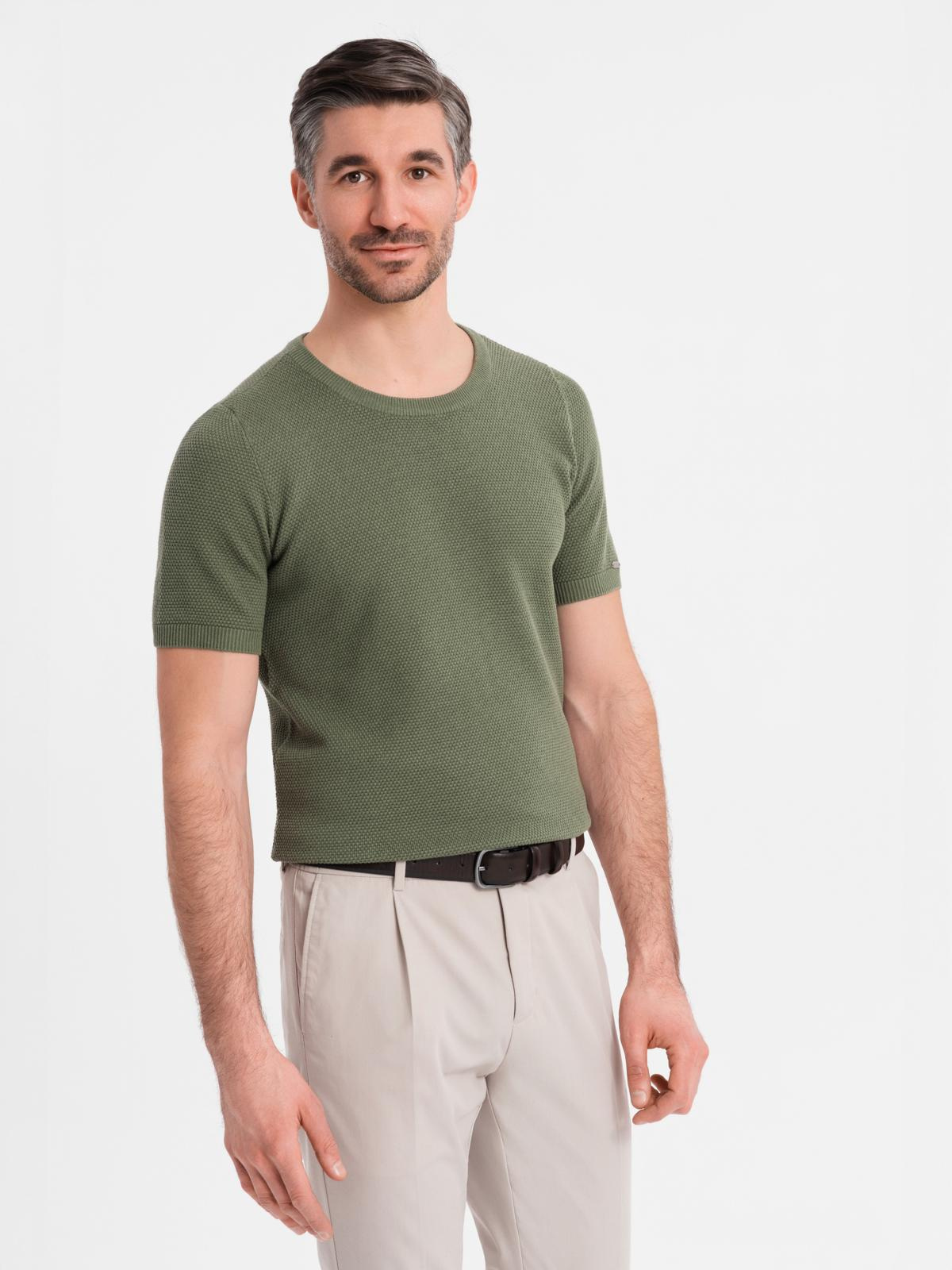 Ombre Men&#039;s knitted t-shirt with fine texture - olive