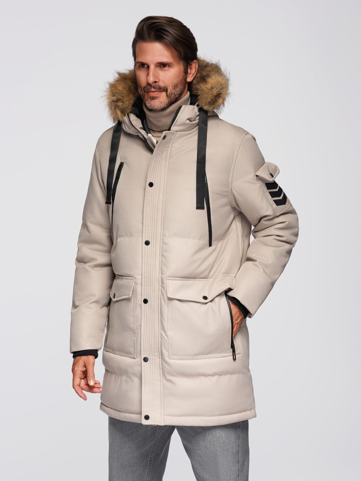 Ombre Men&#039;s long warm parka jacket with hood - beige
