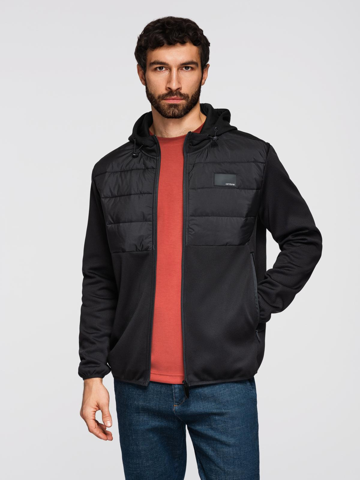 Ombre Men's lightweight jacket of combined materials with hood and decorative quilting - black