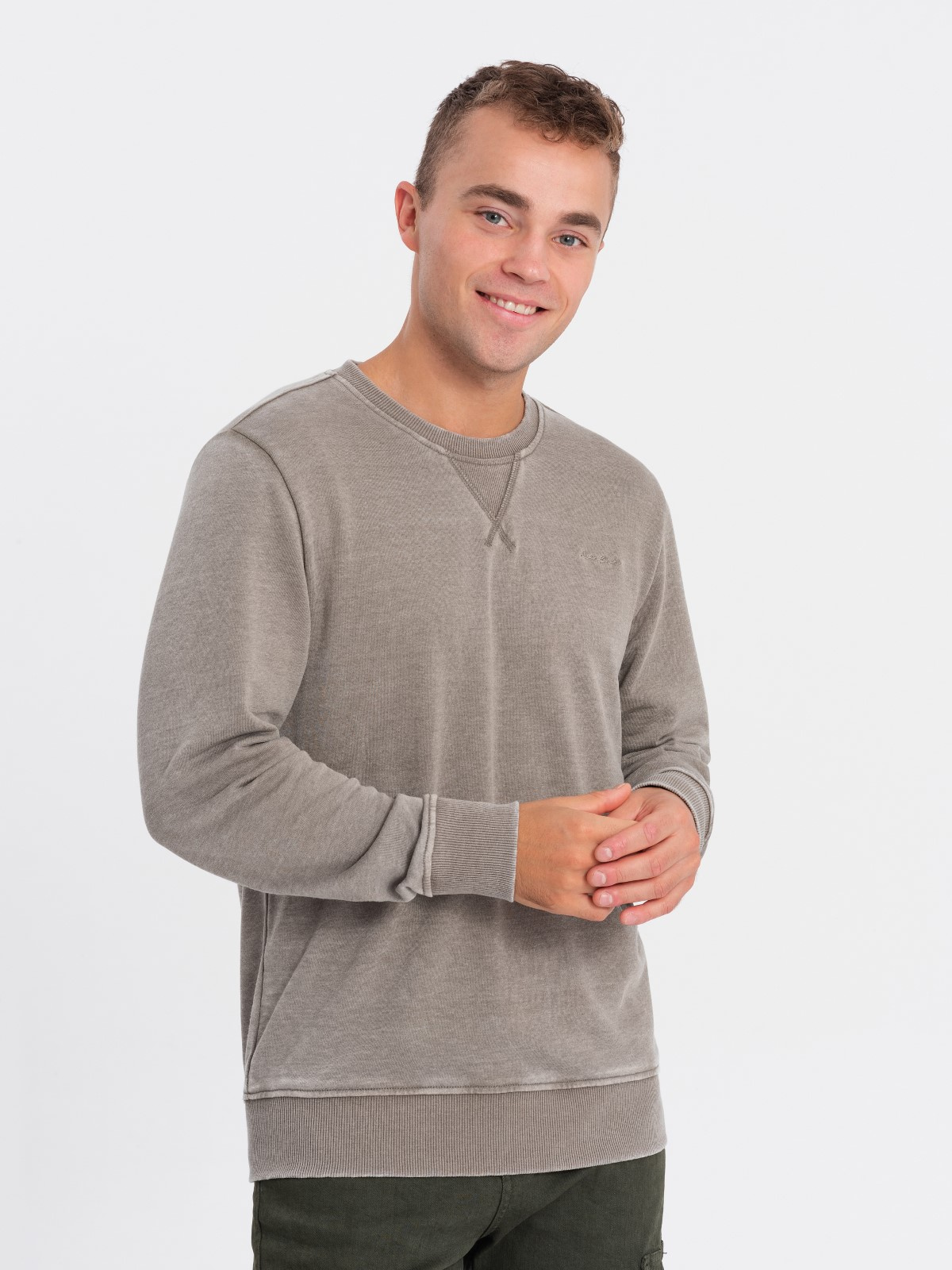 Ombre Washed Men's Sweatshirt With Decorative Stitching At The Neckline - Beige