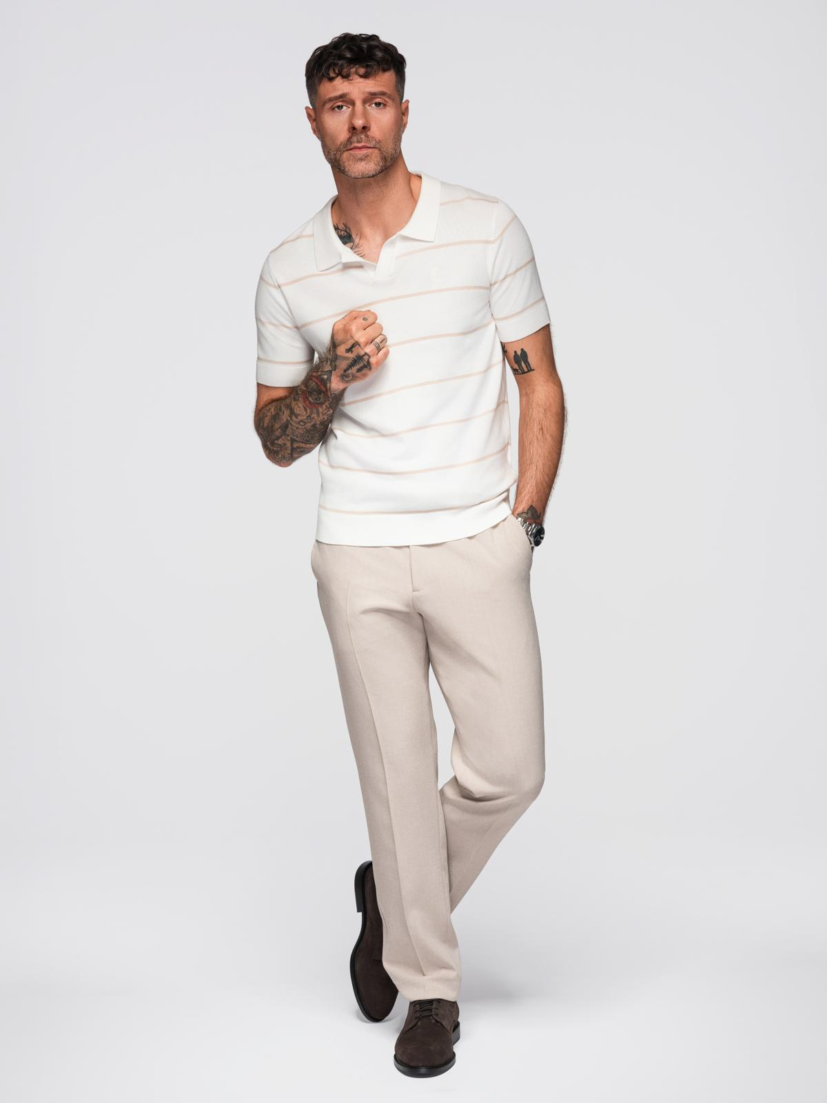Ombre Men's horizontal striped viscose polo shirt - white and beige