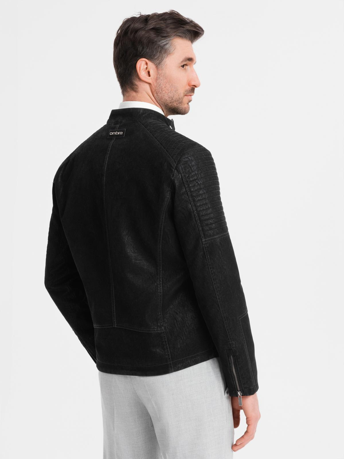 Ombre Men's retro-style biker jacket with stand-up collar - black