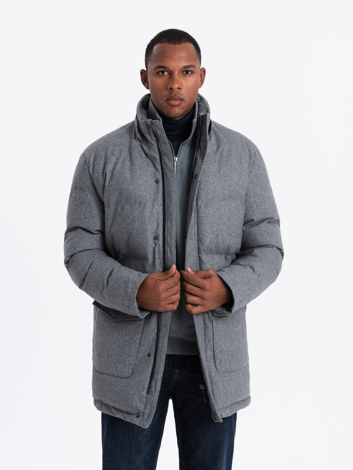Ombre Warm long men&#039;s parka jacket with wool - grey melange