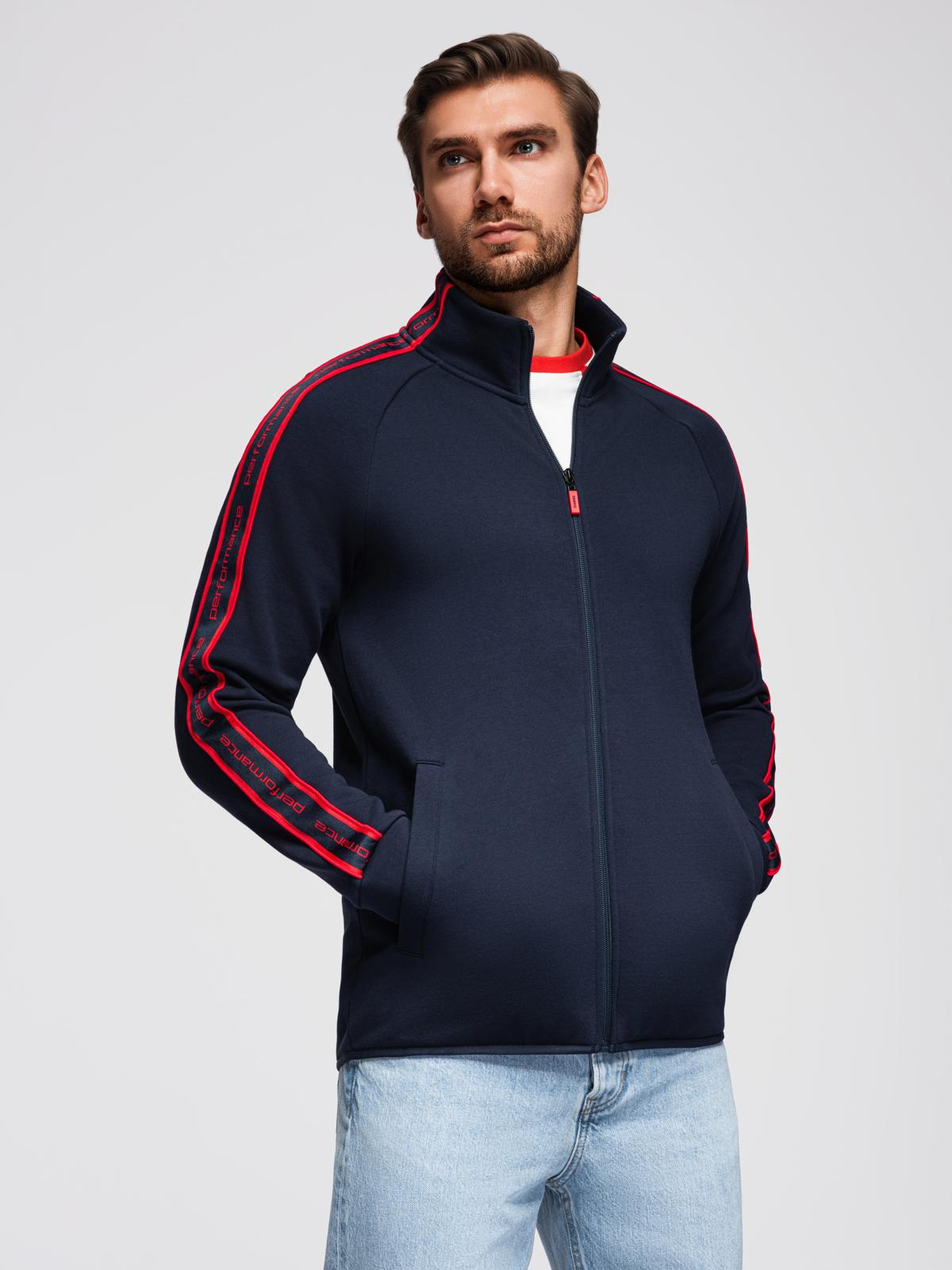 Ombre Men's unbuttoned sweatshirt with piping and high collar - navy blue
