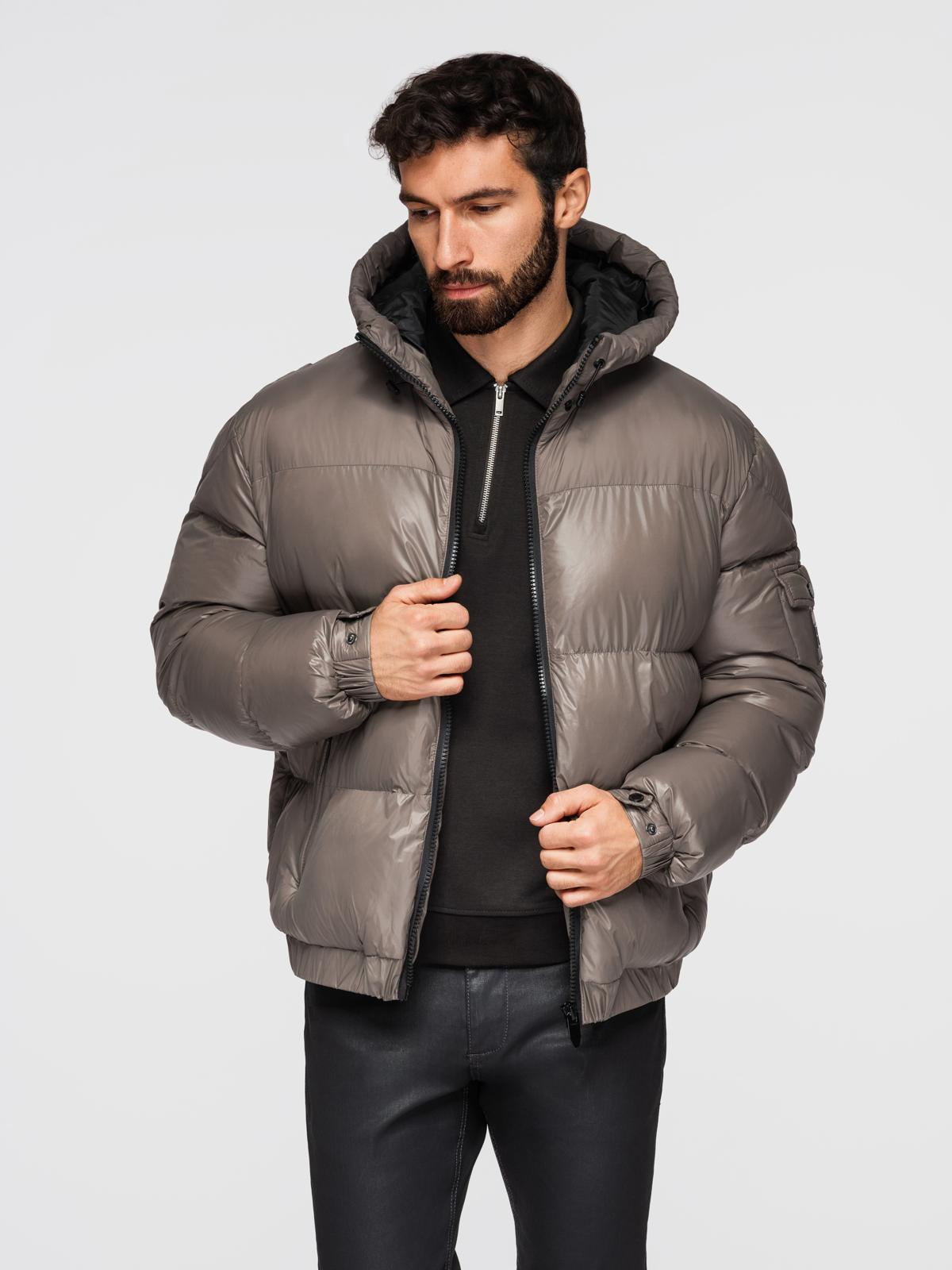 Ombre Warm men's puffer jacket with welts - dark beige