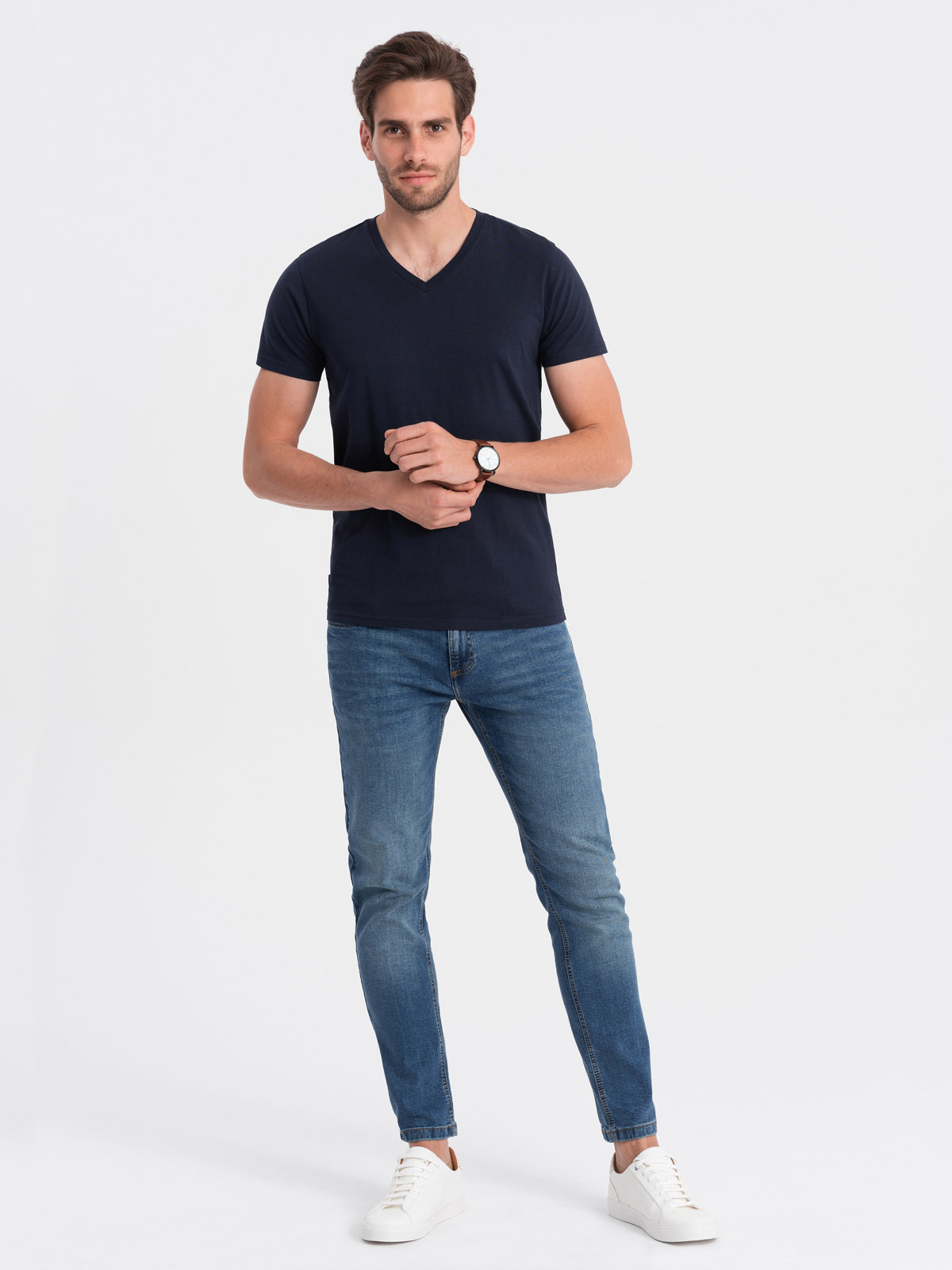 Ombre BASIC men's classic cotton T-shirt with a crew neckline - navy blue