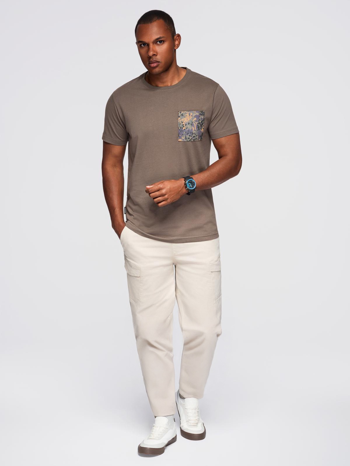 Ombre Men's cotton t-shirt with printed pocket - dark olive