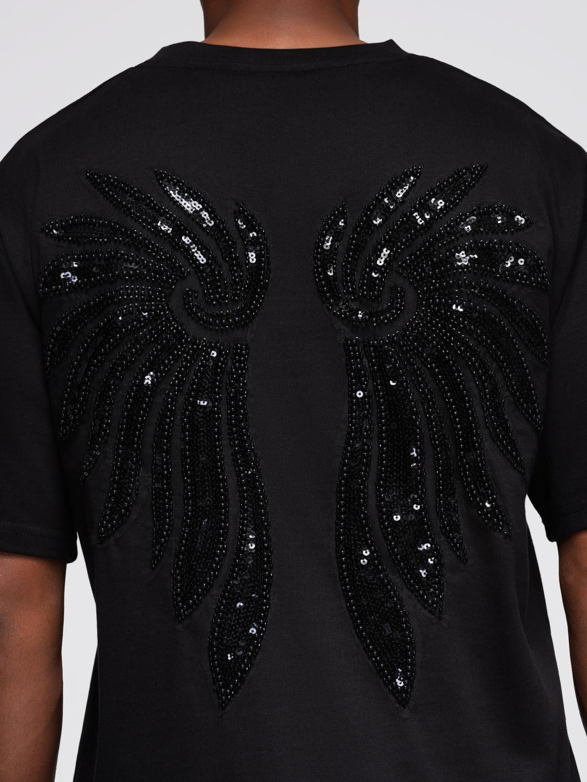 Ombre Men&#039;s cotton T-shirt with sequin wing motif on back - black