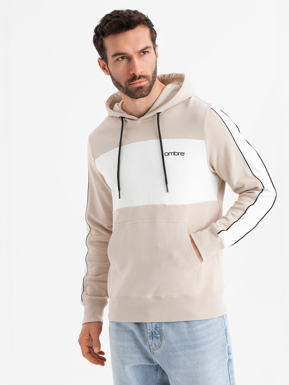 Ombre Men's cotton hoodie with contrasting elements - beige