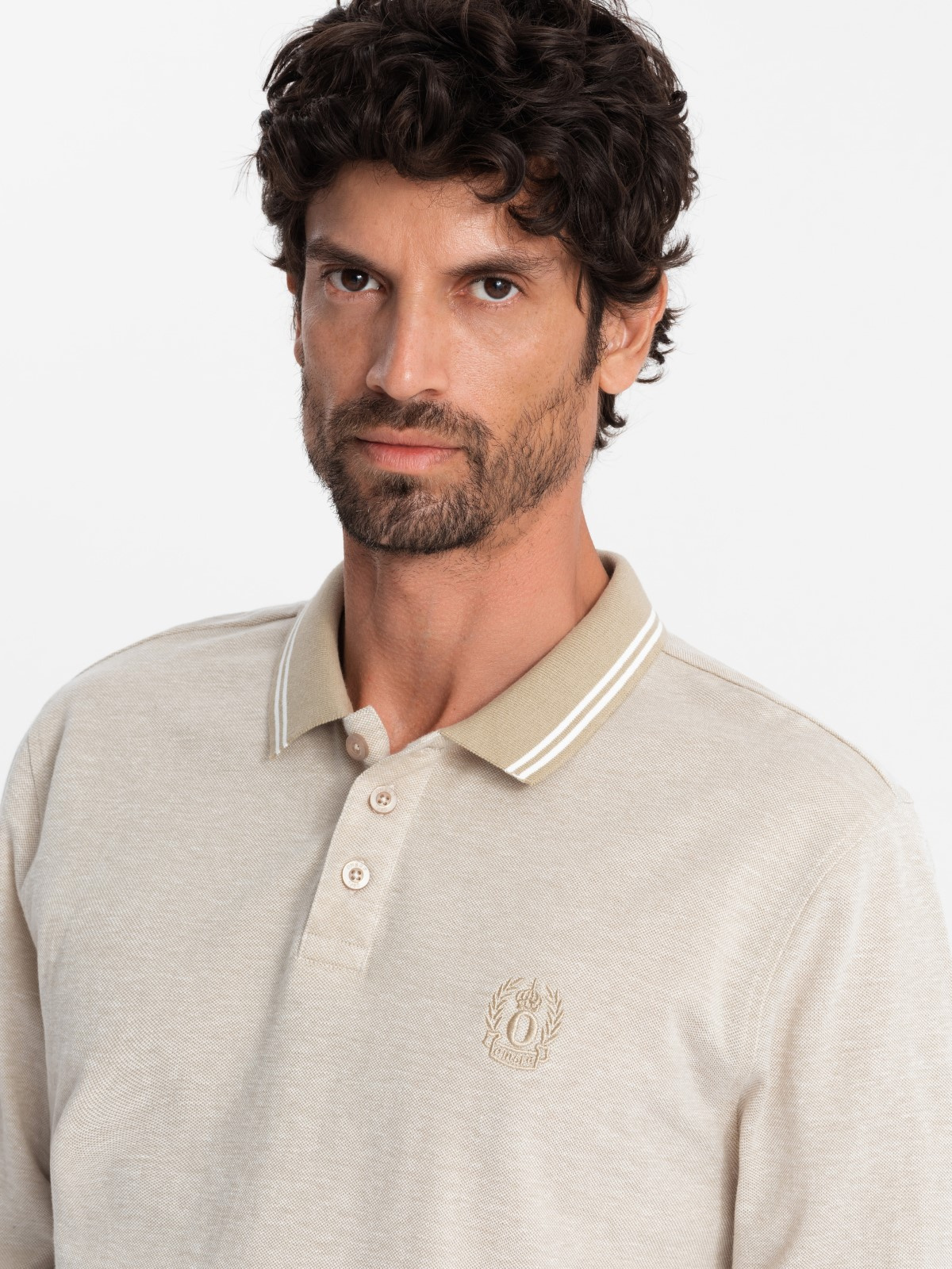 Ombre Men's melange polo longsleeve with embroidery - sand melange