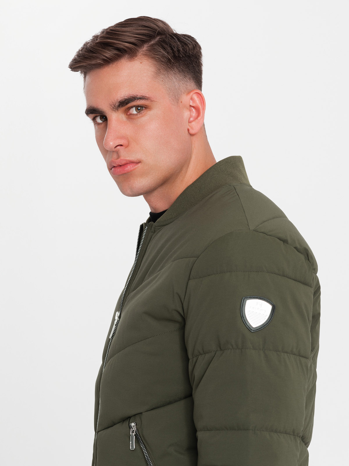 Ombre Men's quilted bomber jacket with metal zippers - dark olive green