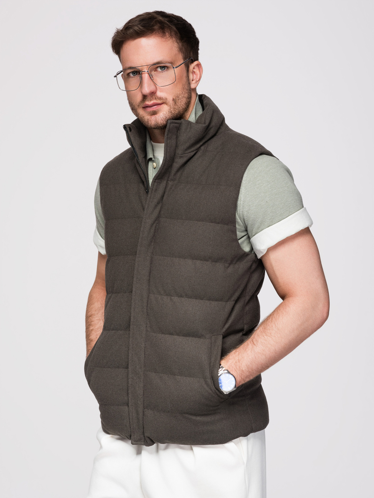 Ombre Men's quilted wool sleeveless jacket - olive melange
