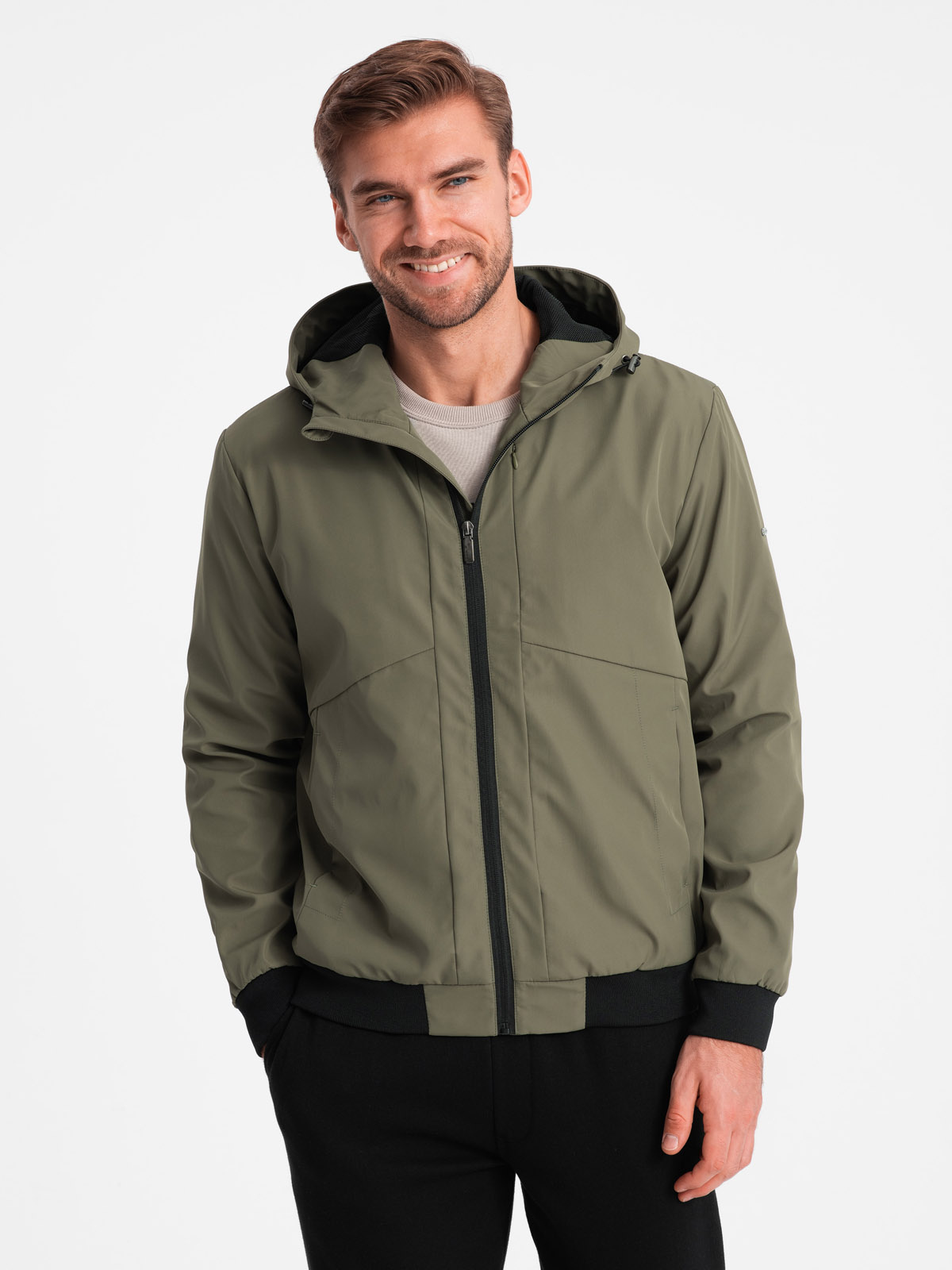 Ombre Men&#039;s lightweight jacket with hood and mesh lining - olive