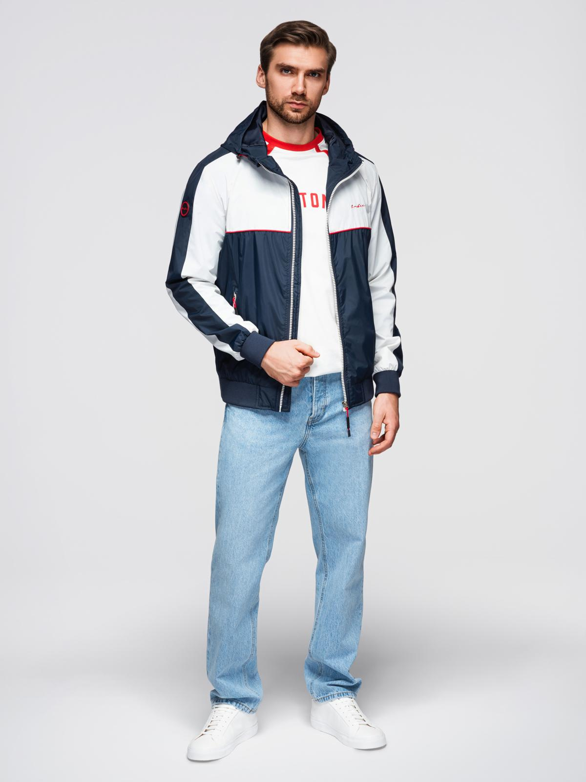Ombre Men&#039;s contrast windbreaker jacket with hood - navy blue and white