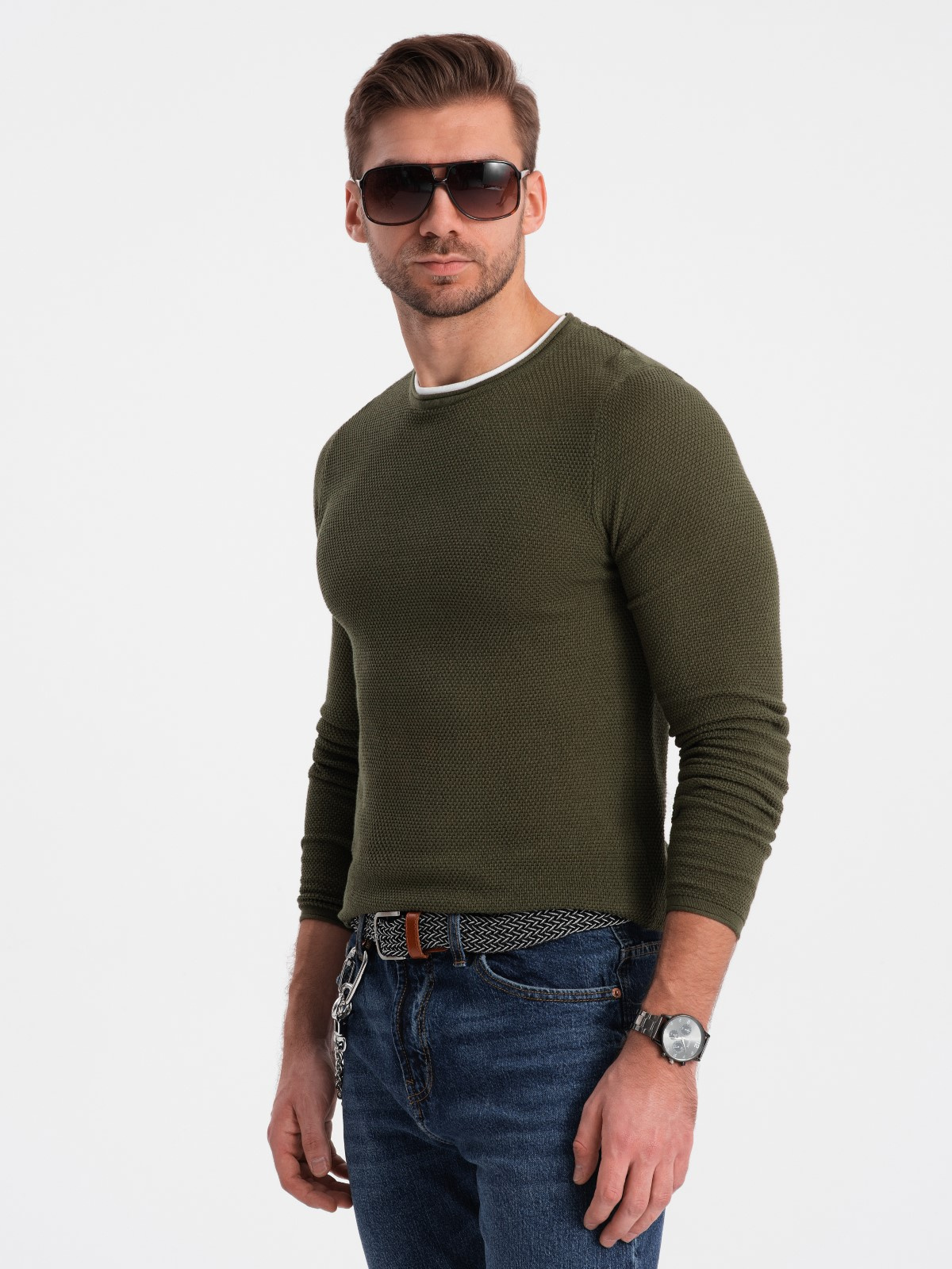 Ombre Men&#039;s cotton sweater with round neckline - dark olive