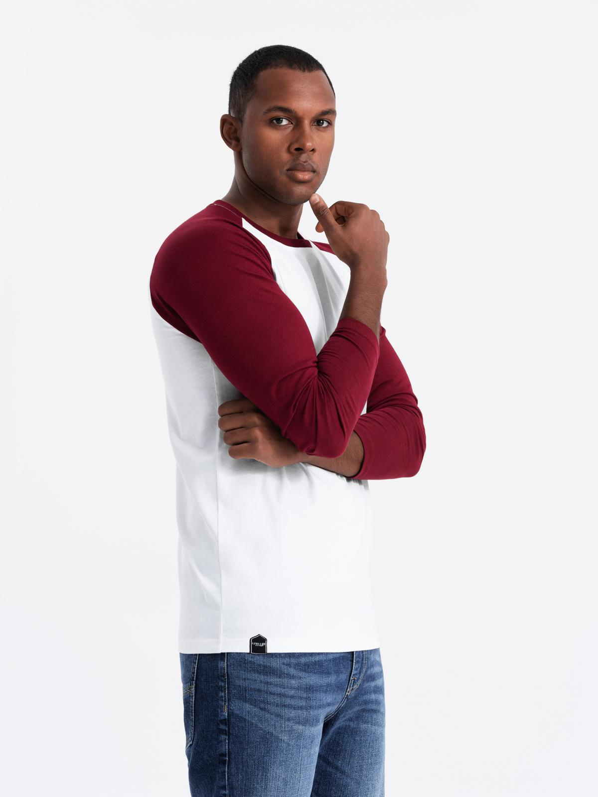 Ombre Men&#039;s longsleeve with contrasting raglan sleeves - white and maroon