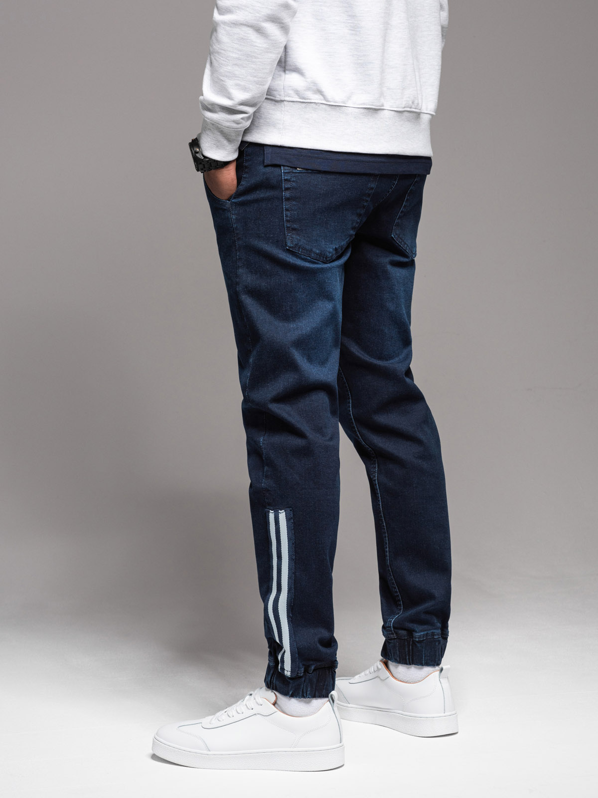 Ombre Men&#039;s denim joggers with piping - dark blue