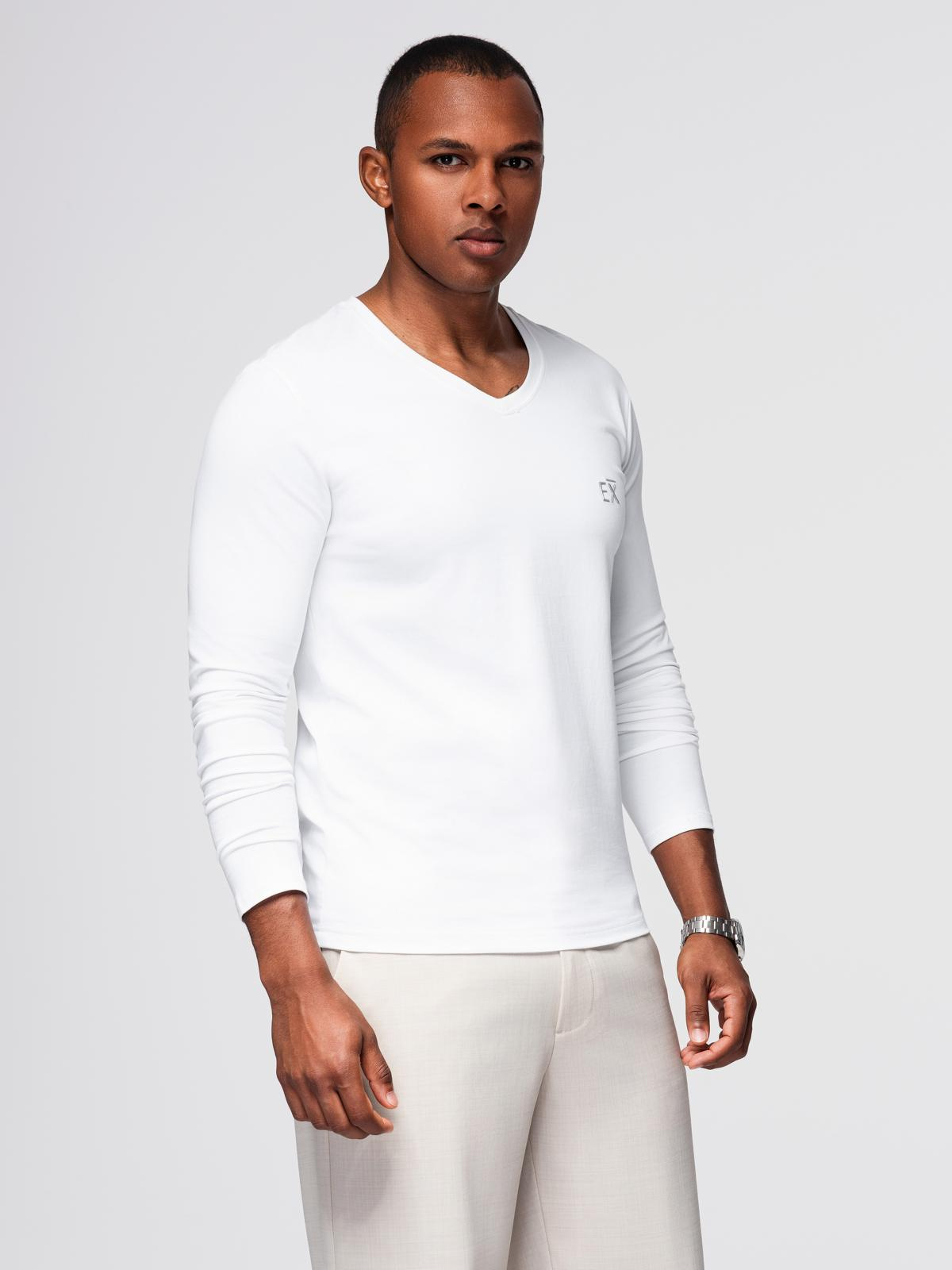 Ombre Men's V-neck SLIM FIT longsleeve with elastane and print - white