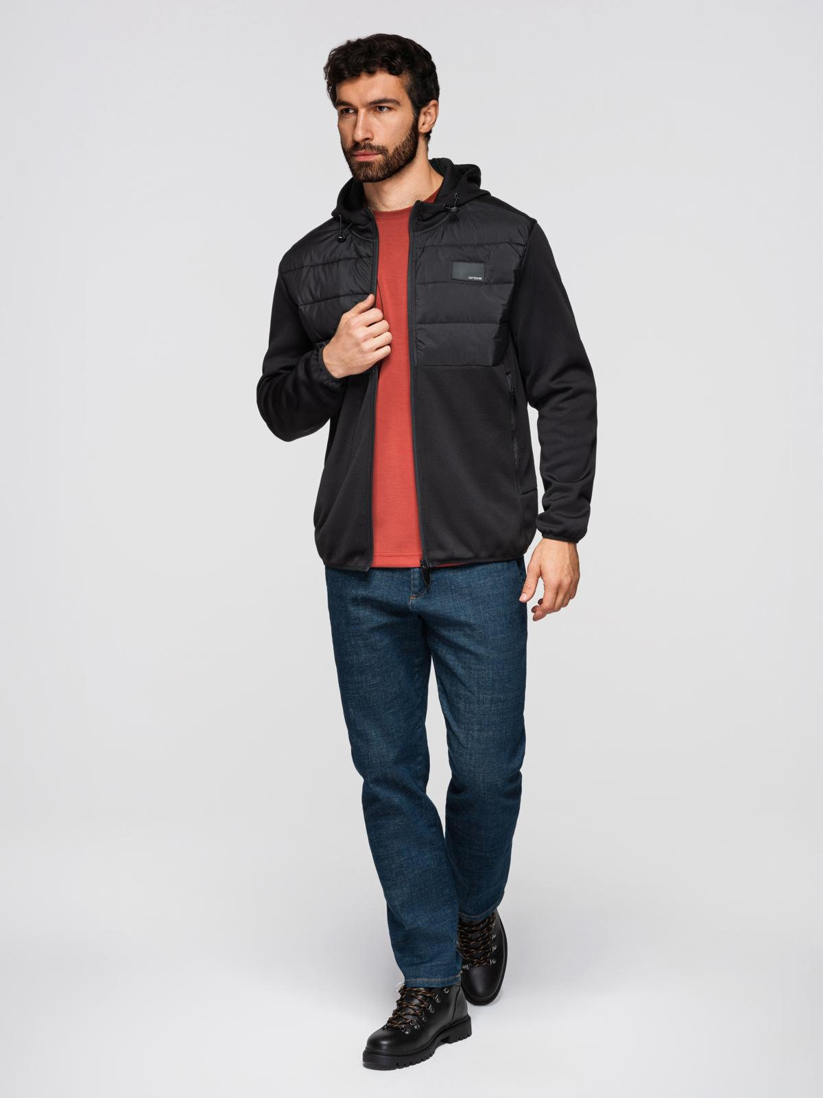 Ombre Men's lightweight jacket of combined materials with hood and decorative quilting - black