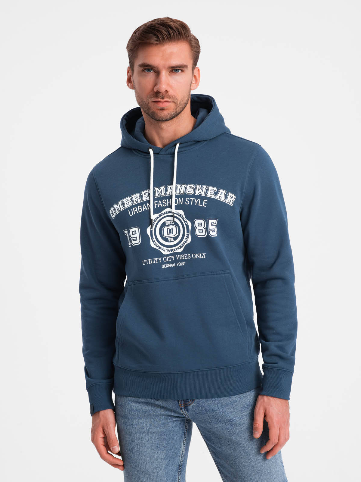 Ombre Men&#039;s kangaroo hoodie with college style print - navy blue