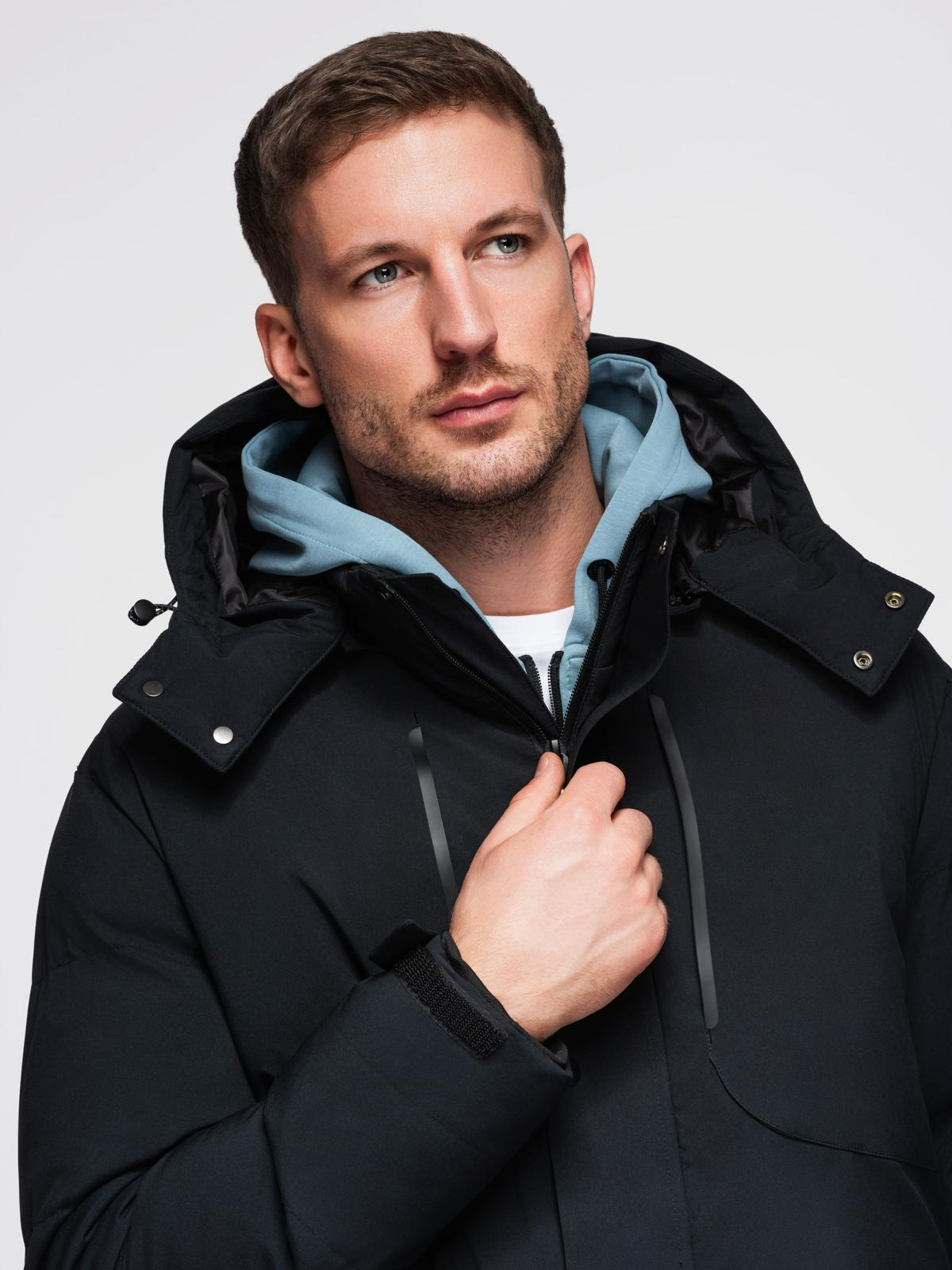 Ombre Men&#039;s winter jacket with detachable hood in waterproof material - black
