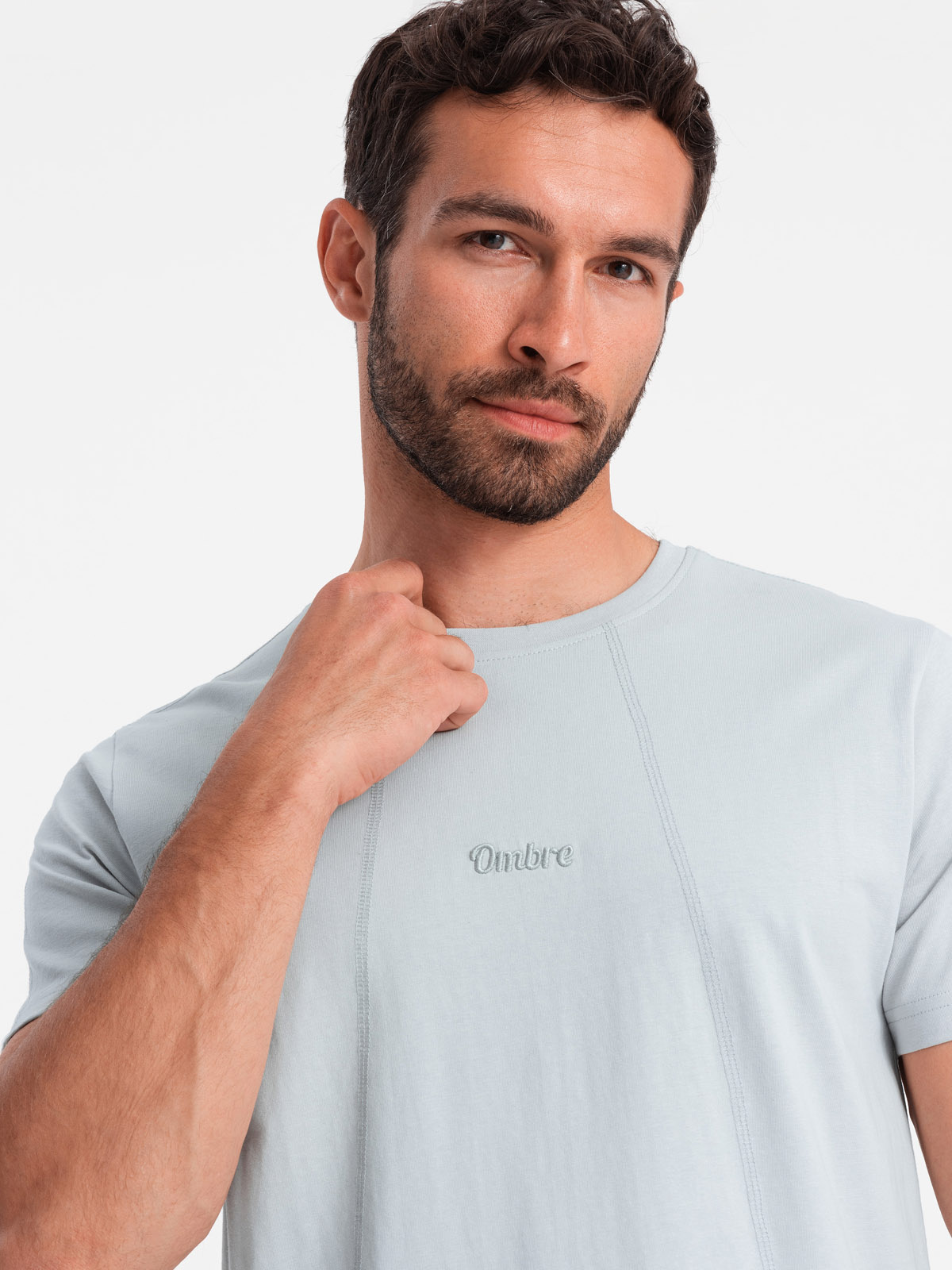 Ombre Men's Cotton T-shirt With Delicate Embroidery - Light Grey