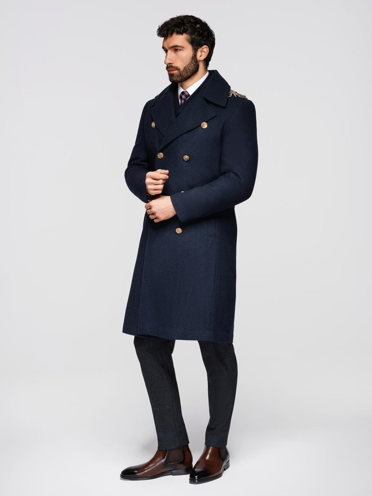 Ombre Men's double-breasted coat with wool and decorative shoulder applications -