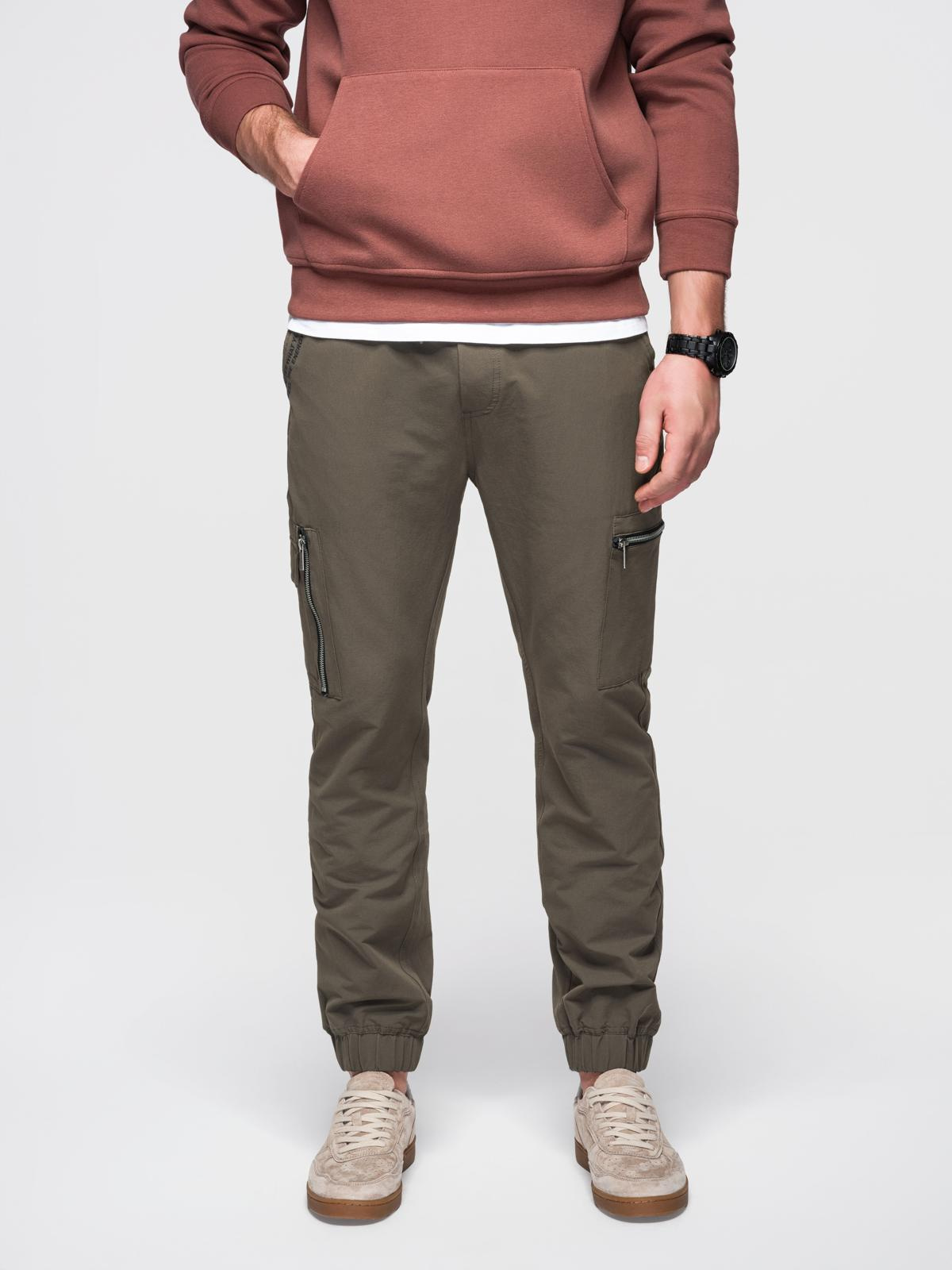Ombre Men's jogger pants with cargo pockets and print - dark olive green