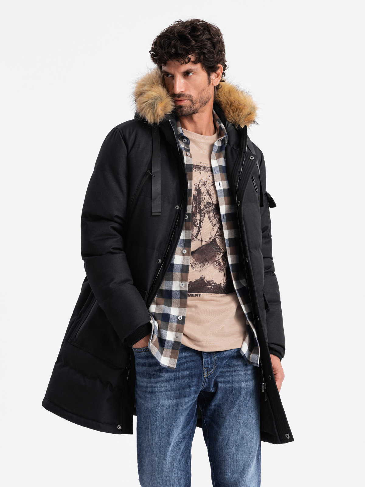 Ombre Men's long warm parka jacket with hood - black