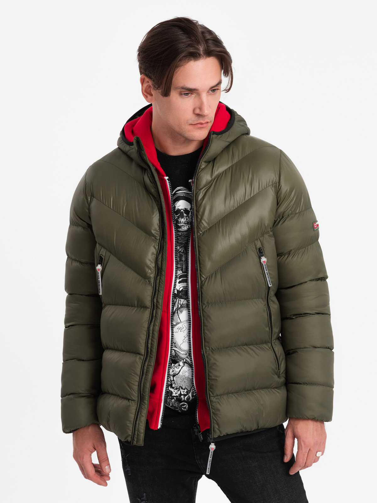 Ombre Men's quilted winter jacket with combined materials - dark olive green