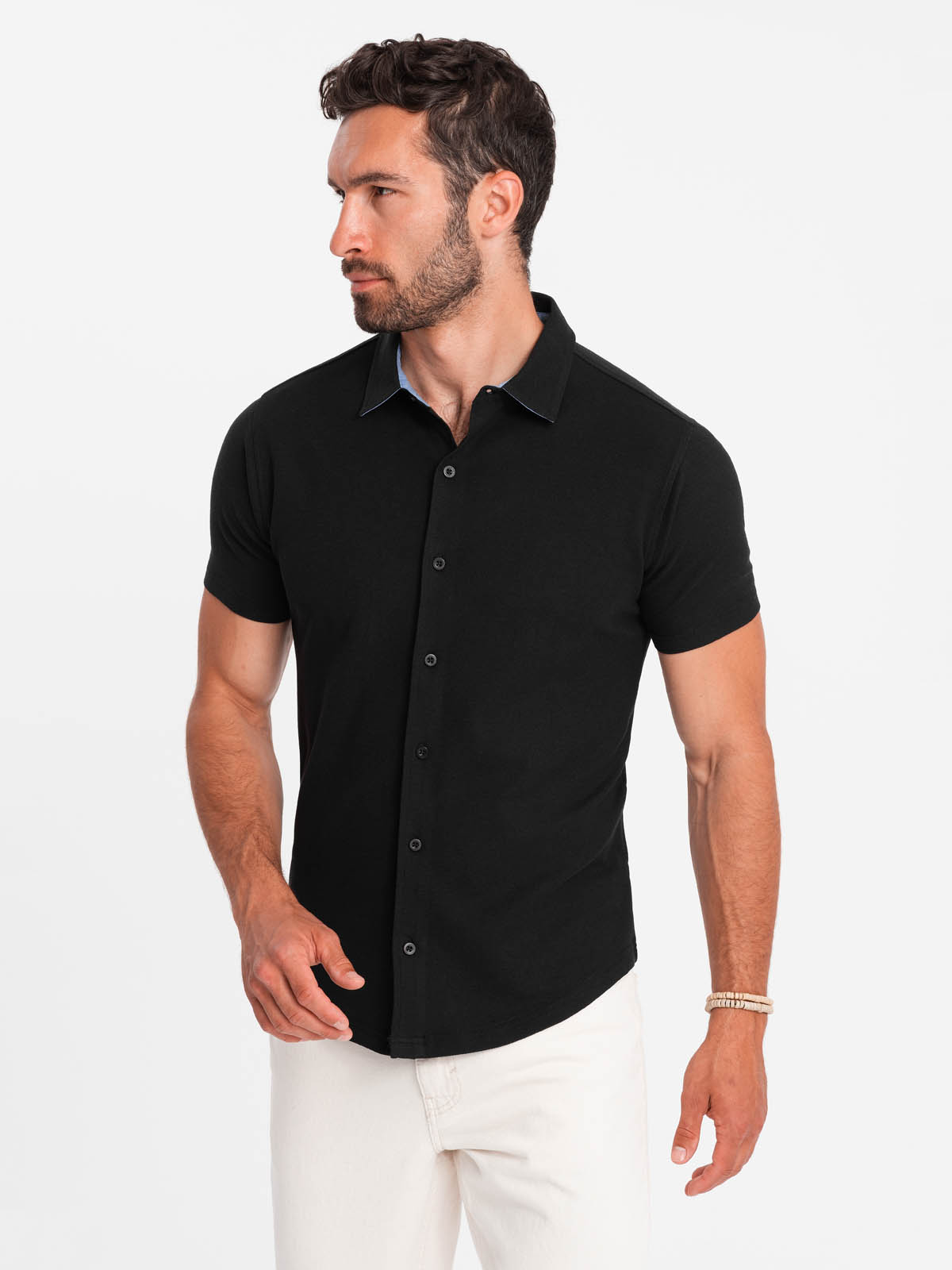 Ombre Men's knitted slim fit shirt with short sleeves and collar - black