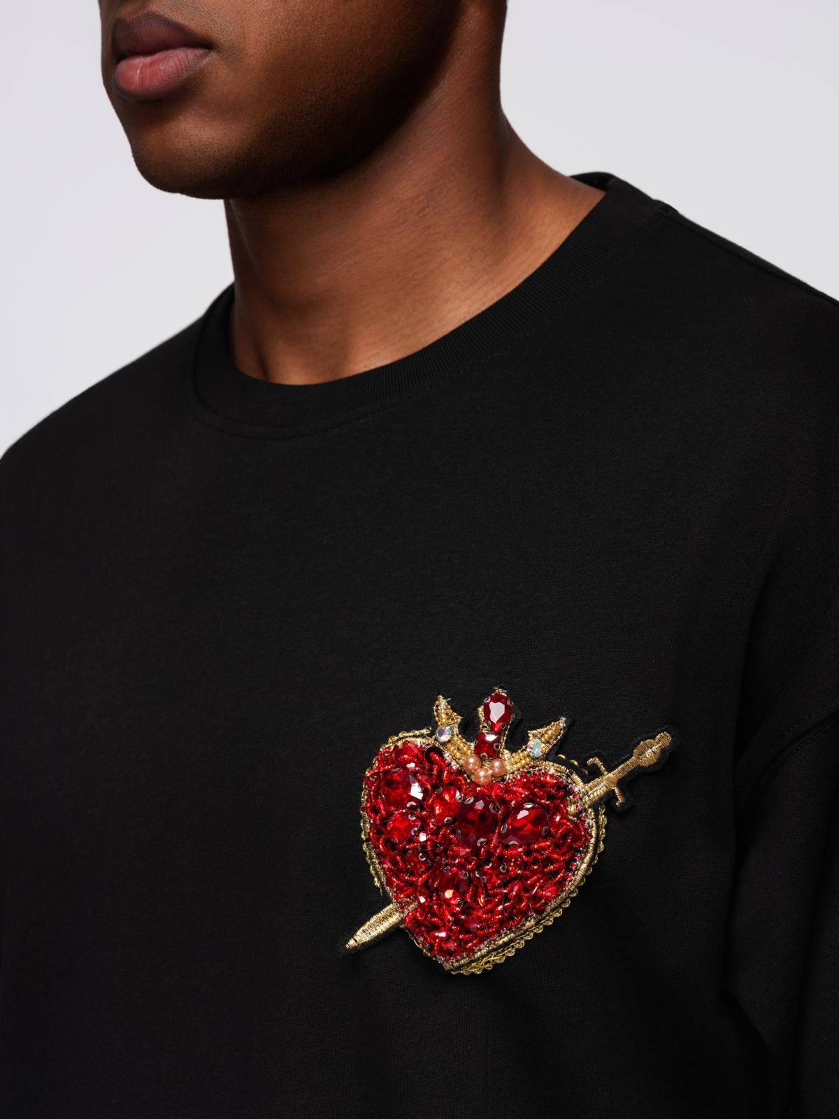 Ombre Men's cotton T-shirt with jewelry applique on chest - black