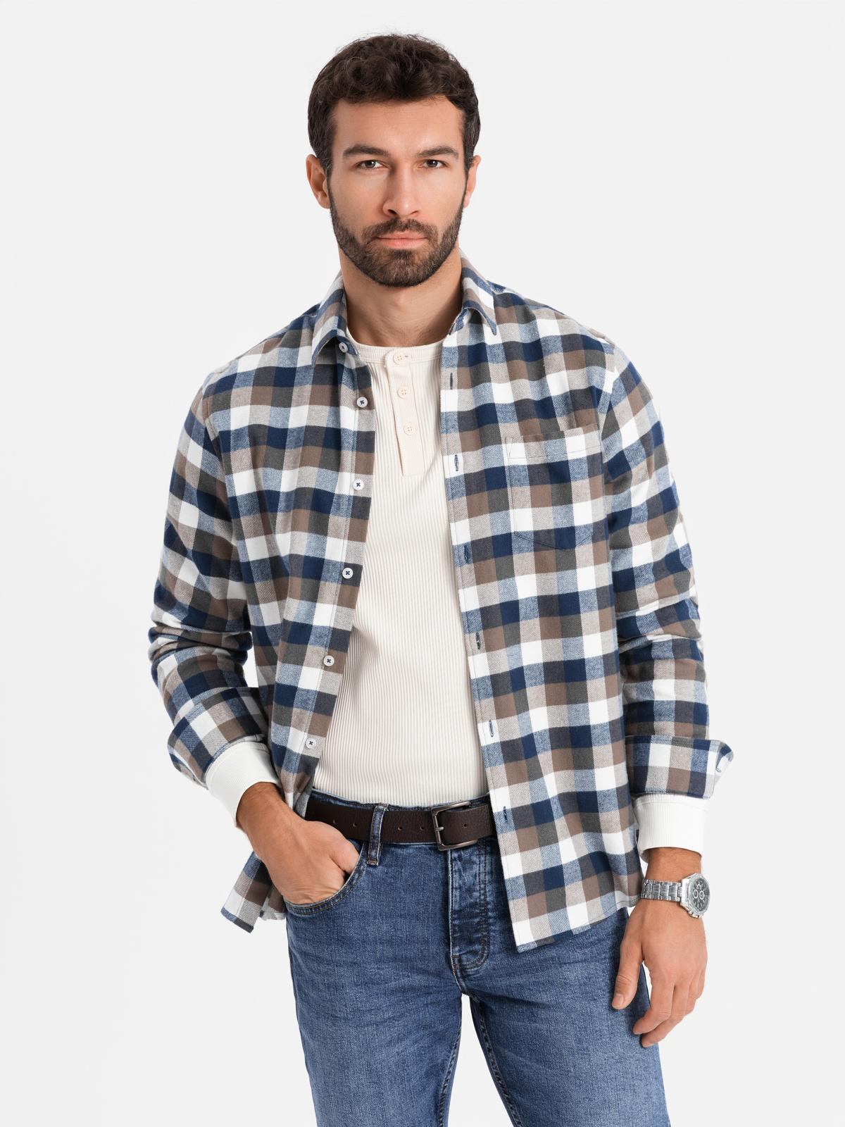 Ombre Classic men&#039;s flannel check cotton shirt - brown and navy blue