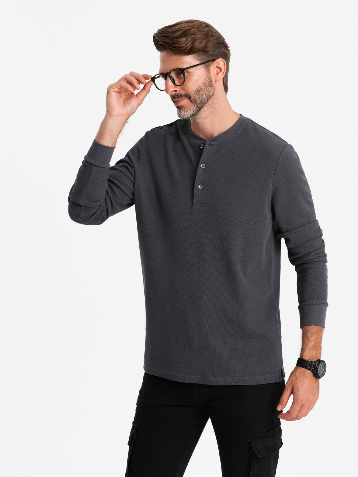 Ombre Men's waffle knit neck button-up longsleeve - graphite