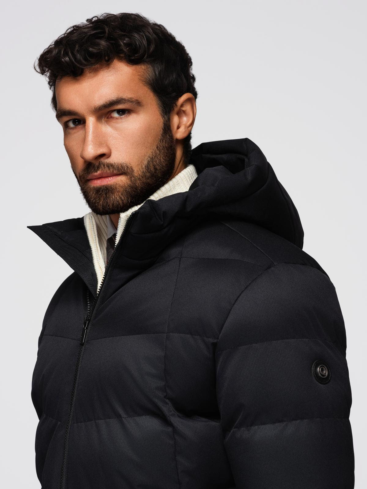 Ombre Men&#039;s long quilted jacket with hood - black