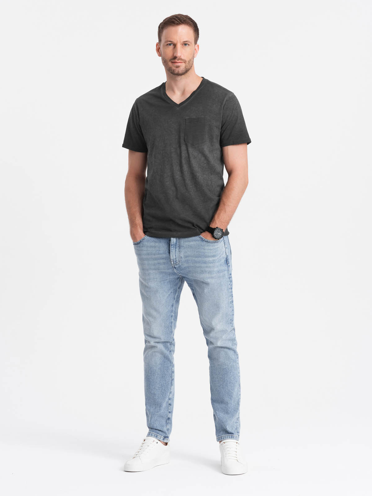 Ombre Men's brindle V-neck t-shirt with pocket - black