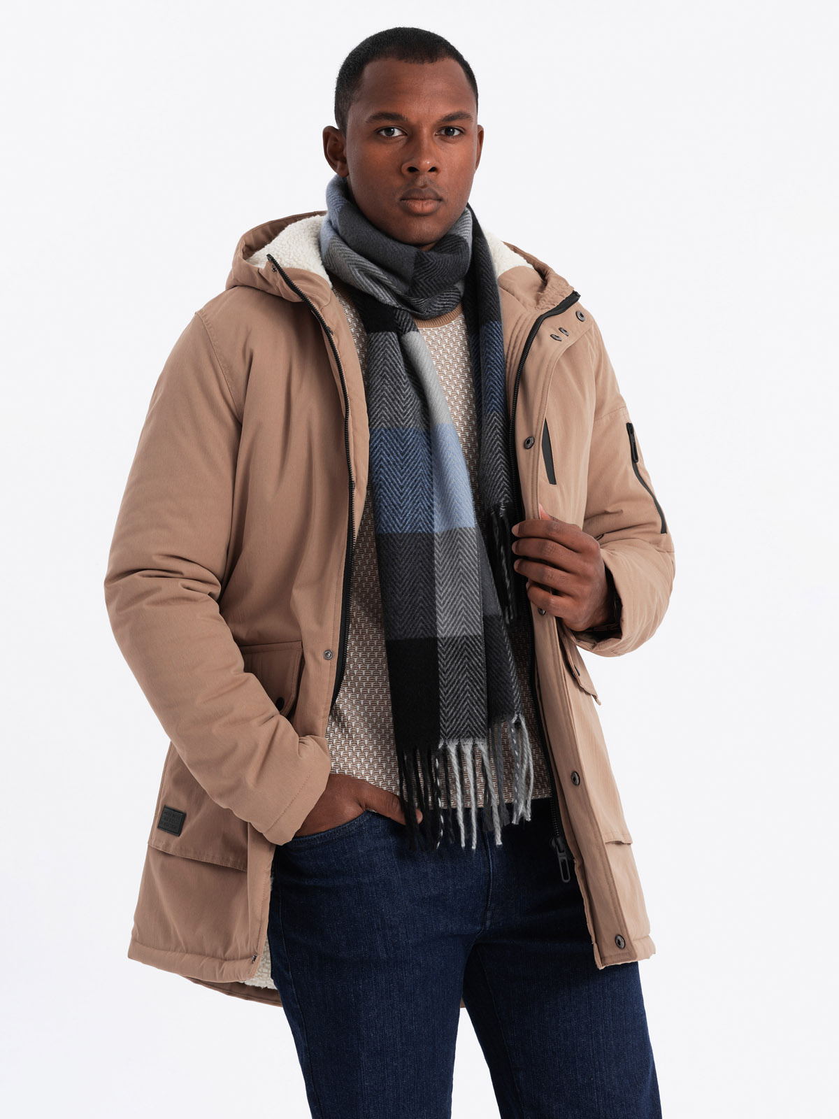 Ombre Men&#039;s long parka sherpa jacket - beige
