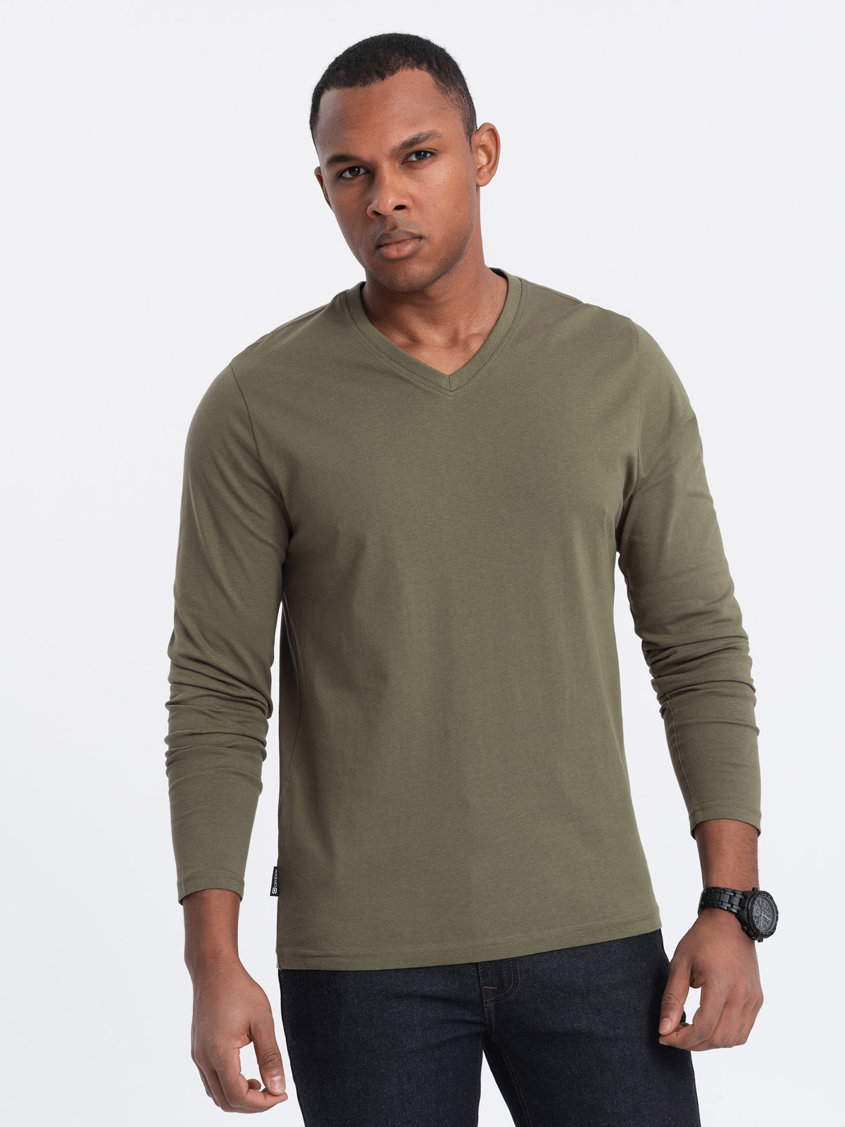 Ombre Men's unprinted longsleeve with v-neck - dark olive