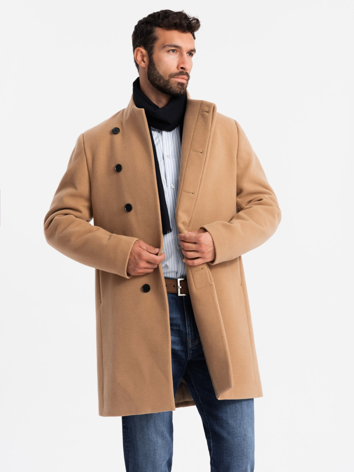 Ombre Men's coat with asymmetrical fastening and high collar - light brown