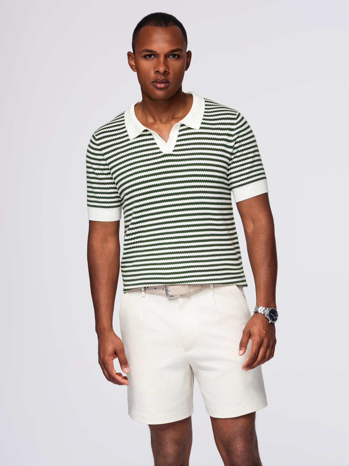 Ombre Men's knitted buttonless polo shirt with navy stripes - white and olive