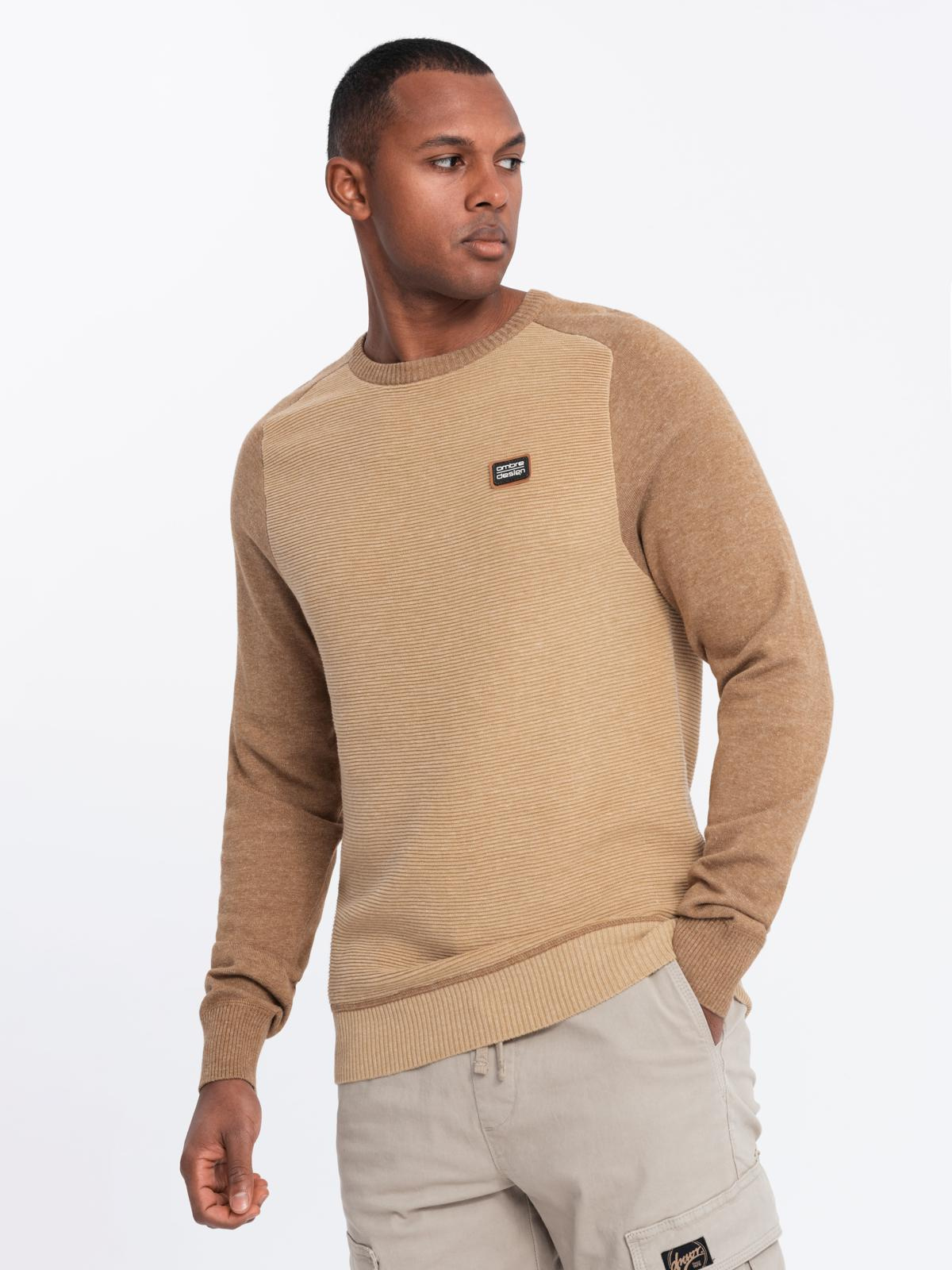 Ombre Mens cotton sweater with patch and raglan sleeves - brown