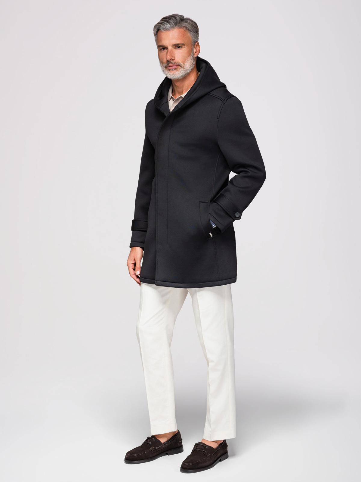 Ombre Men's minimalist medium length coat with hood - black